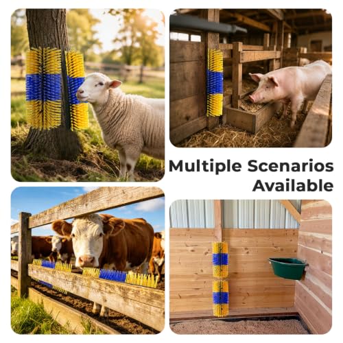 2PCS Horse Scratcher Goat Brush Post, Livestock Scratching Brushes | Stiff Bristle, Itch Relief, Self-grooming, Full Massage, Livestock Scratch Brushes w/Durable Screws Cleaning Tool and Gloves - color: Yellow
