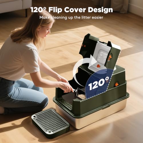 FURTIME Stainless Steel Litter Box with Lid, Enclosed Metal Cat Litter Box | XL Extra Large, Cat Box with High Sided Enclosure & Scoop, Big Cats, Front & Top Entry, Odor Free, Anti-Leakage, Green - color: Green, size: X-large