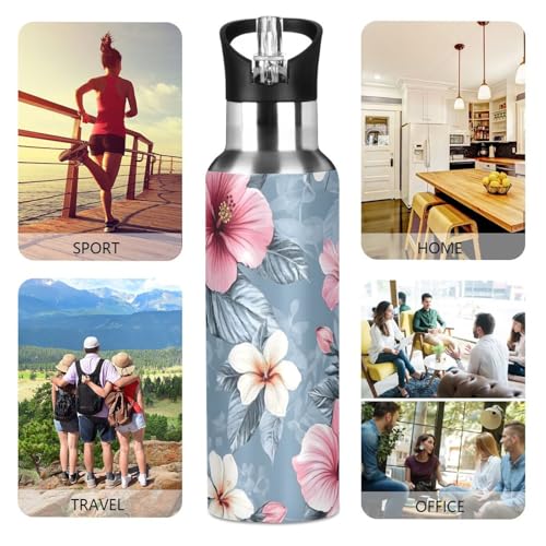 Pink Hibiscus Flower Water Bottle Girls with Straw Lid | Stainless Steel Water Bottle Leak Proof Boys Girls Insulated Tumbler Cup for School 20 oz - color: Multi24