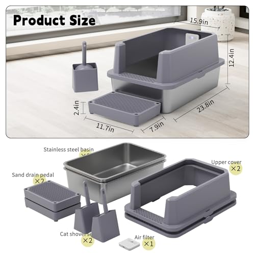 RIZZARI Stainless Steel Litter Box: Leakproof 2-Pack High Walls for Cats | 6.5" Anti-Spill Walls / Dual Filtering Holes / 304 Non-Absorbent Base / Teflon Easy-Clean / Built-In Deodorizer - color: Cool Gray with Deodorizer, 2 Pack