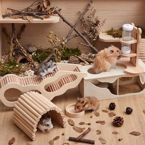 5 Pcs Hamster Cage Accessories, Wood Hamster Play Wooden Platform Water Bottle with Stand Climbing Set for Rat Mice Small Animals Pets Habitats Woodland Decor(Peek House) - style: Peek House