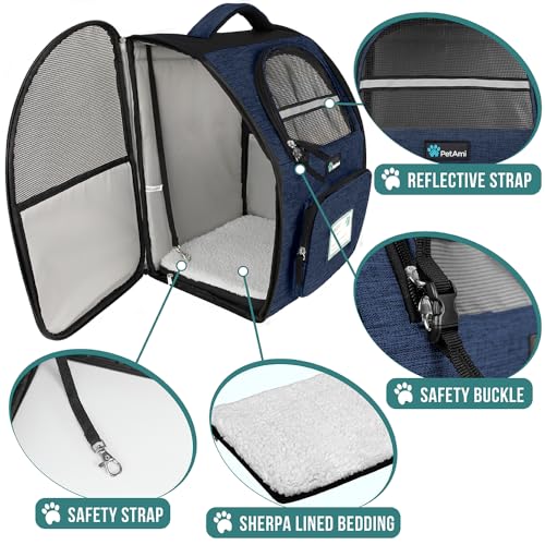 PetAmi Dog Backpack Carrier Airline Approved Cat Pet Puppy Bag, Navy | Ideal for Small Medium Large Pet up to 18 lb, 2 Side Entry Structured No-Collapse Frame, Ventilated Bookbag for Hiking Travel - color: Heather Navy