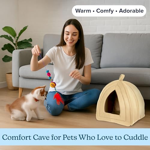 Cat House - Indoor Bed with Removable Foam Cushion - Pet Tent for Puppies, Rabbits, Guinea Pigs, Hedgehogs, and Other Small Animals by PETMAKER (Tan) | Plush Cat Tent Bed for Small Kittens, Rabbits, Guinea Pigs, and Other Small Animals, Comfortable Cozy P
