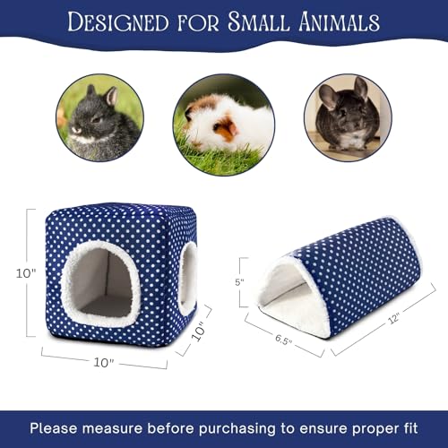 Guinea Pig Hideout, Dwarf Rabbit Bed with Play Tunnel, Washable Fleece House for Dwarf Bunnies, Chinchillas, Hedgehogs, Small Animal Cage Accessories Blue Dot - color: Blue