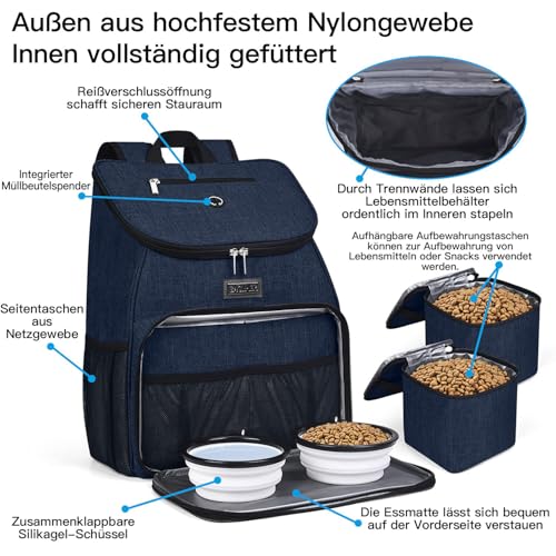 BAGLHER丨Dog Travel Bag, Airline Approved Pet Supplies Backpack, Dog Travel Backpack with 2 Silicone Collapsible Bowls and 2 Food Baskets - color: Dark Blue-A