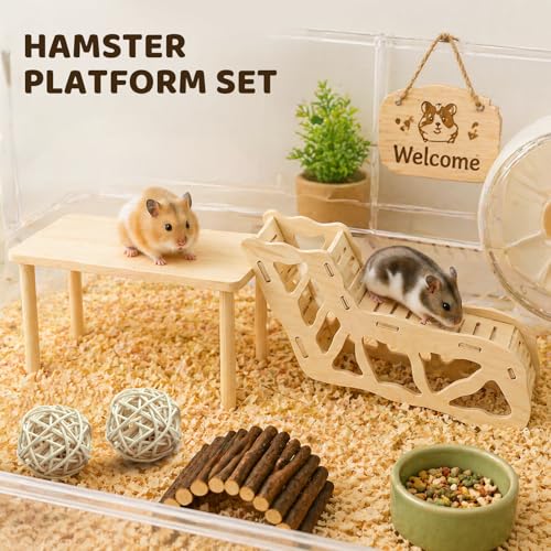 7-Pack Hamster Wooden Play Toys Set, Platform, Seesaw & Maze Tunnel Hideout, Natural Chew Toys for Dwarf Syrian Hamsters, Gerbils, Mice & Small Pets