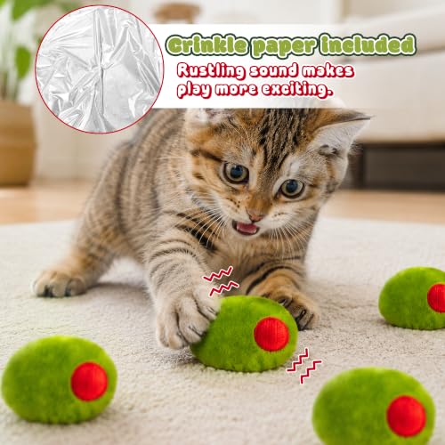 5Pcs Olive Catnip Crinkle Paper Sound Toys for Cat, Catmint Cat Toy Gift | Soft Cotton, Durable for Chew Kick, Catnip Filled Plush Green Olive Interactive Toy for Indoor Kittens Boredom Exercise Play - style: Olive (with Crinkle Paper)