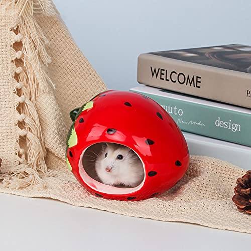 Besimple Hamster Hideout, Small Animal Hideout Ceramic Pet House, Adorable Shape Hamster House Cave Mini Hut Cage Critter Bath House for Chinchilla(Strawberry)