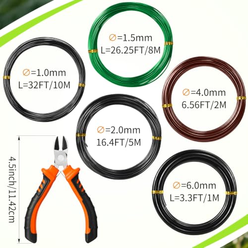 Mudder 5 Roll Aluminum Bonsai Training Wire Tree 1/1.5/2.0/4/6mm 85 Feet Total with Bonsai Wire Cutter Anodized Training for Holding Branches Small Trunks(Classic) - color: Classic, size: 1/1.5/2/4/6mm