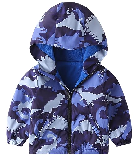 Happy Cherry Toddler Boy Girl Fleece Lined Jackets Waterproof Hooded Windbreaker Coat for Winter Fall 2023 - color: Thick Camo Blue Dino, size: 3-4T