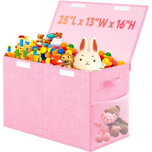 Large Toy Storage Box with Lid & Dividers, Collapsible Kids Toy Chest, Pink | Toy Box for Boys, Girls, Nursery, Bedroom, Living Room, Playroom, 25 x 13 x 16 inches - color: Large Pink