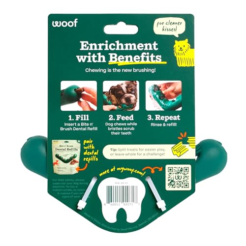 WOOF Bite n' Brush Dog Dental Chew Toy for Small Dogs 10-25 lbs | Dog toothbrush toy, V-shaped design, reusable, easy to clean, dental dog toy - size: Small