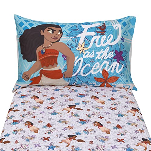 Disney Moana Free as the Ocean Aqua, Purple, Orange, and White Tropical 2 Piece Toddler Sheet Set - Fitted Bottom Sheet and Reversible Pillowcase - color: Moana - Free as the Ocean