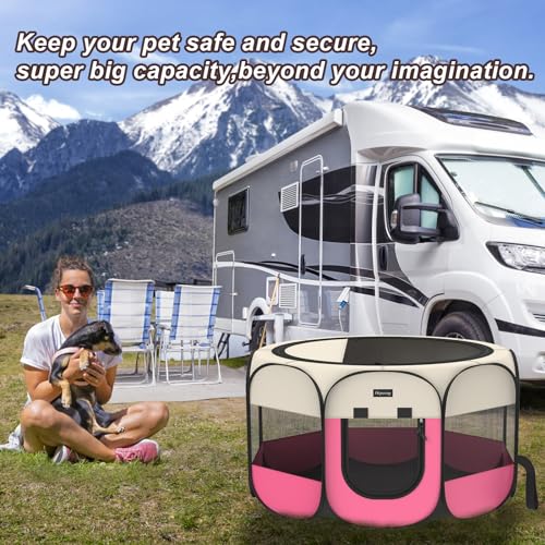Portable Pet Playpen Puppy Pen Dog Tent Cat Playpen | 8-Panel Indoor/Outdoor Puppy Pen with Shade Cover & Travel Bag - Waterproof Dog Cat Tent - color: Pink, style: Large(45"x45"x24" with free bonus)