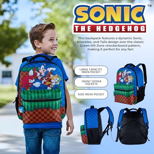 AI ACCESSORY INNOVATIONS Sonic The Hedgehog Backpack, Boys & Girls Featuring Sonic, Tails, and Knuckles,16” Bookbag w/Molded Sonic Dangle, Blue - color: Sonic the Hedgehog