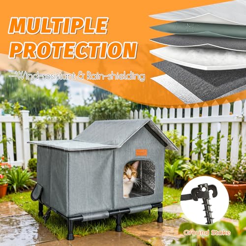 PatiencET Heated Cat House for Outside, Foldable Weatherproof Insulated Outdoor Cat House, Adjustable Temperature, Elevated Base with Ground Stakes, for Indoor/Outdoor Cats - size: Winter Large
