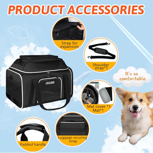 Top and Side Expandable Small Pet Carrier Airline Approved, Black | 17"Lx12"Wx8.5"H, for JetBlue/Frontier/Spirit Airlines, Pets Under 8 Lbs, Lockable Zippers, Soft-Sided, Anti-Scratch Mesh - color: Black, size: 17.0"L x 12.0"W x 8.5"H