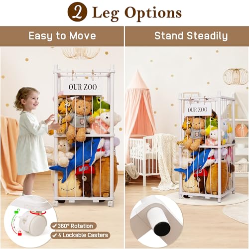 Stuffed Animal Storage Zoo, Wooden Stuffed Animal Organizer with Wheels | Stuffy Storage with Upgraded 5-Row Elastic Cords, Space-Saving Plush Toy Storage Holder for Playroom, Bedroom, Nursery - color: White, size: Small