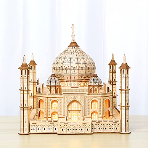 3D Wooden Puzzle for Adults, Taj Mahal Wood Model with Led Light, Self-Assembly Mechanical Building Kit Handicraft Brain Teaser Game Hobbies Toy, Birthday Gift for Women Men, Home Decor, 388 Pieces - style: Taj Mahal