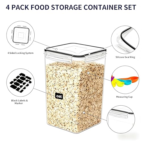 4pc 6.5L Large Airtight Plastic Canisters with Lids, Cups & Labels | Large BPA-Free Plastic Food Storage with Labels for Spaghetti, Cereal, Oats & Kitchen Pantry Organization, 4 Pack - size: 4 pcs(6.5L)