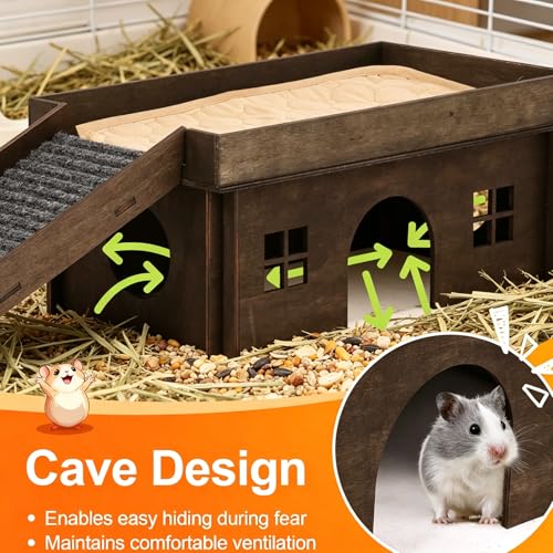 Large Sturdy Bunny House, Guinea Pig Rabbit Hideout Castle | Small Animal House Bed Hut Habitats with Stairs, Sturdy Wooden Guinea Pig Hideout for Hamsters Bunny Chinchillas Hiding - color: Walnut