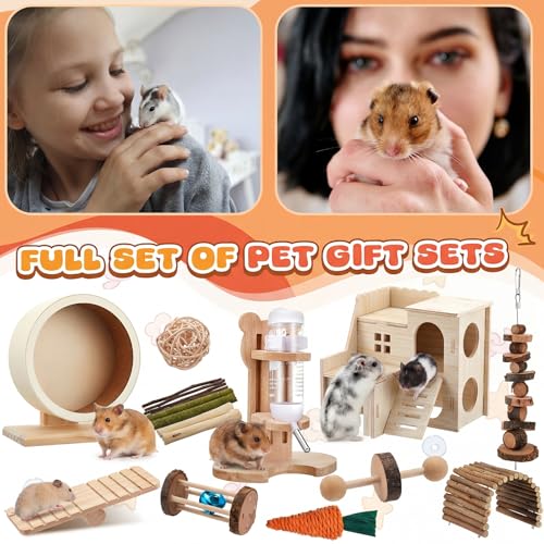 18 Pcs Hamster Cage Accessories, Silent Hamster Wheel 15 Toys Set | Maze Wood House and Water Bottle Set for Rat Mice Small Animals Habitat Decor Enrichment Starters (Serene Wooden Style) - style: Harmony Wooden Style