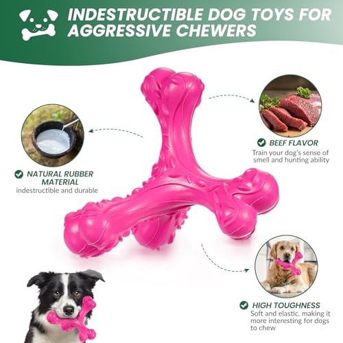 Dog Chew Toys for Aggressive Chewers Large Breed,Indestructible Bones Toy，Durable Cleaning Toothbrush Natural Rubber Dog Toys… (Pink) - color: Pink