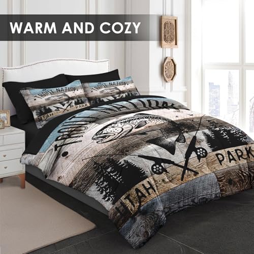 WeCozy Queen Comforter Set with Sheets, 7 Pieces Vintage Fishing Bedding | Bed in A Bag for All Season, Fish Retro Lake Wood, 2 Pillowcases & 2 Shams for Kids and Adults - color: Vintage Fishing, size: Queen