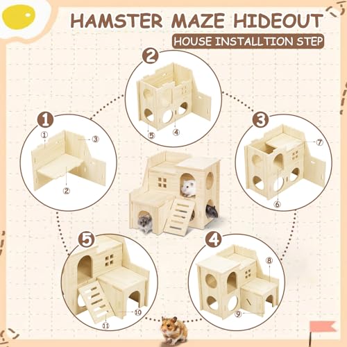 BreezeHug 4 Pcs Hamster Cage Accessories Hamster Platform Hideout Wooden Tunnel Ladder Playhouse Game Climbing Toy with Platform for Pets Dwarf Syrian Mice Degus Gerbils Squirrel(Villa) - style: Villa