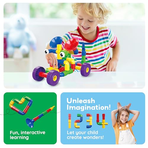 PicassoTiles PTT136 136pcs Tubular Pipes & Spout STEAM Interlocking Educational Building Block Set, Tube Locks, Pipeworks Construction Blocks w/Storage Container Box, Idea Book, Flute Musical Kit | 7 tube styles, easy-connect joints, idea guide, storage c