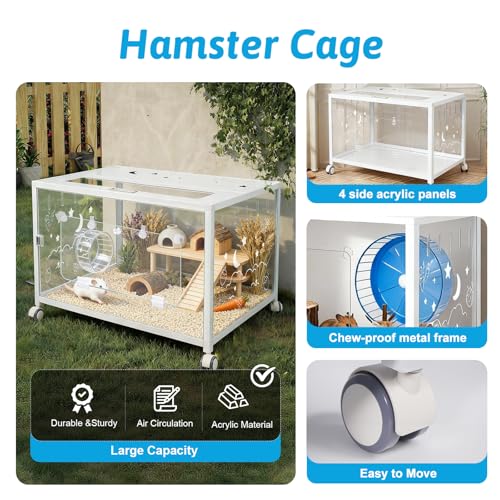 Large Hamster Cage, Hamster Habitat 360° Viewing Guinea Pig Cages Hamster Tank with 2 Door and Wheels Small Animal Habitat for Syrian Dwarf Gerbils Rats Guinea Pigs