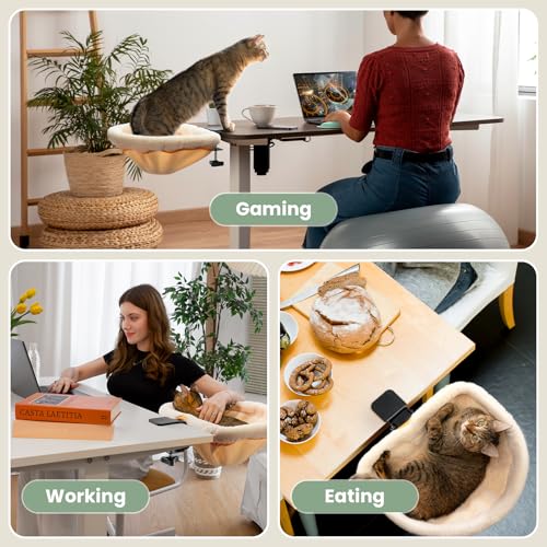 Cat Desk Bed One-Click Folding Maximum Holds 40lb, Cream Fur | Sunken Design & Space-Saving Semi-Circular Cat Bed, Soft Faux Rabbit Fur Material, Suitable for Various Desktops - color: Cream