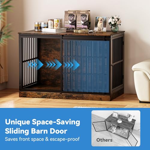 Petrova 47" Dog Crate Furniture for Large/Medium Dogs, Heavy Duty Dog Kennel Indoor with Name Tag, Wooden Dog Cage with Sliding Barn Door, Decorate House as TV Stand, End Table, Brown - color: Brown, size: 47.2"L x 27.9"W x 31.8"H