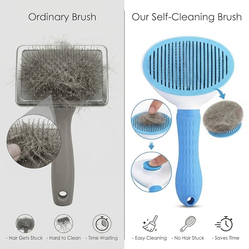 Self Cleaning Pet Grooming Brush for Dogs & Cats – Deshedding Slicker Brush with Hair Removal Button, Gentle Skin Safe with Free Comb