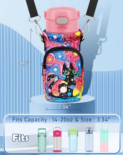 Water Bottle Carrier with Strap for Kids, 14-20 oz | Insulated, Neoprene Water Bottle Holder Bag with Pocket, Cute Cartoon, Bottle Bag for boys and girls, Walking Hiking Camping - color: Starry Sky Cat