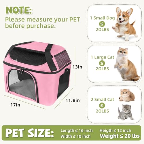 Soft Cat Carrier Up to 20 Lbs, Washable Pet Travel Bag for Kitten Puppy | Breathable Mesh, Medium to Big Pets Small Dog,Soft-sided Cloth Animal Crate for Car Travel Carrying, Safe for Vet Visit,Pink - color: Pink