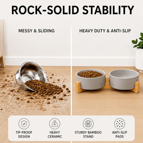 SPUNKYJUNKY Ceramic Dog and Cat Bowl with Wood Stand Non-Slip Matte Glaze Weighted Food Water Set for Cats &Small Dogs 13.5OZ - color: Grey × 2, size: 1.7 cups