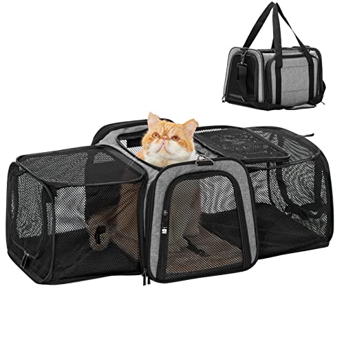 Petsfit 17" x 11" x 11" Airline-Approved Expandable Pet Carrier, 2X Square Expansion Reduces Pet Anxiety, Escape-Proof Self-Locking Zippers, 5 Easy-Access Entrances, for Cats & Small Dogs up to 15 lbs - color: Gray, size: 17.0"L x 11.0"W x 11.0"H