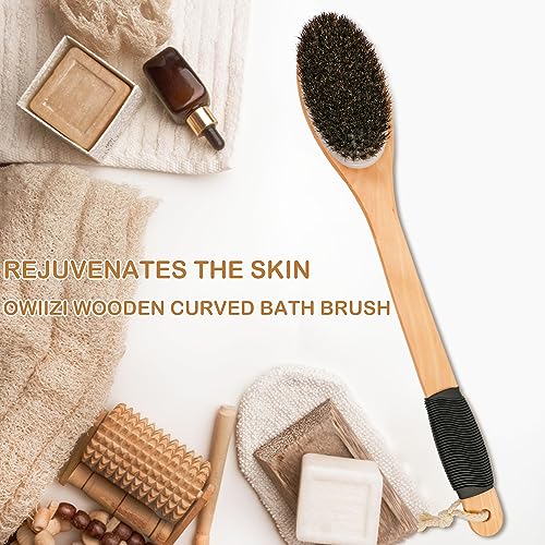 OWIIZI Antiskid Back Scrubber for Shower with Natural Horsehair Bristles | 17.2" Wooden Curved Long Handle Bath Brush,Shower Brush for Exfoliating,Back Scrub Deep Cleanse for Back Use Wet or Dry