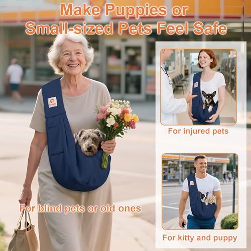 Tomkas Small Dog Cat Sling Carrier Puppy Purse Travel Wrap Soft Crossbody Pet Bag (Dark Blue, M - Classic Pocket & Classic Strap) - color: Dark blue