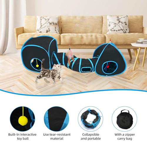 Cat Tunnels for Indoor Cats with Tent Cube and Feather Toy Collapsible Combo, Pop Up Cat Play Tunnel with Interactive Cat Toy Ball for Kitten, Ferret, Puppy, Guinea Pig, Rabbit, Bunny, Blue