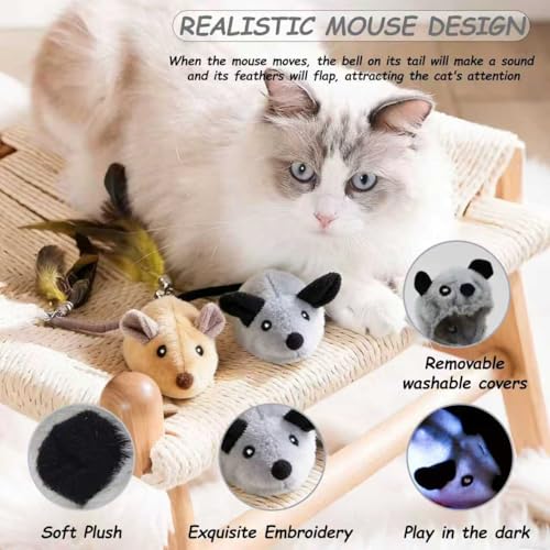 Interactive Mouse Cat Toy, Automatic Moving Fake Rat Mouse Cat Toy, Realistic Rechargeable Dog Mouse Toy with Sound & Feather & Bell, Prank Joke Scary Trick Rats for Cats Dogs - color: Grey