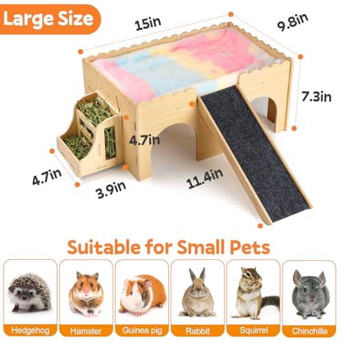 Large Guinea Pig Wooden Hideout with Detachable Snack Hay Feeder, Guinea Pig Castle with Plush Cushion and Ramp - Easy Assembly House for Play, Sleep & Exploration