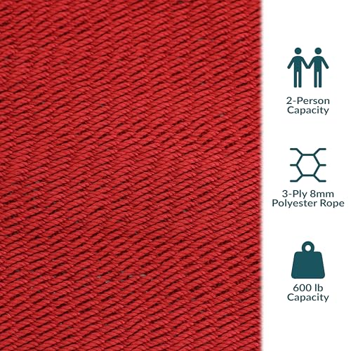 Sunnydaze Heavy Duty Double Rope Hammock for Outside, 600 lb Capacity | Red, 75" x 55" Bed, Soft-Spun Polyester, Wood Spreader Bars, 2-Person Outdoor Hammock for Backyard, Camping, or Patio - color: Red