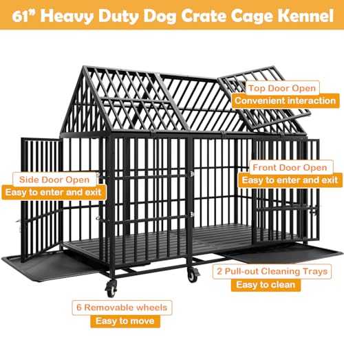 61 inch Heavy Duty Indestructible Dog Crate, Escape-Proof Chewproof Pet Kennel for Large Giant Dogs, Steel Indoor High Anxiety Cage with 6 Wheels, 6 Locks, 2 Trays, 3 Doors, Extra Large XL XXL - size: 60.2"L x 32.7"W x 50.8"H