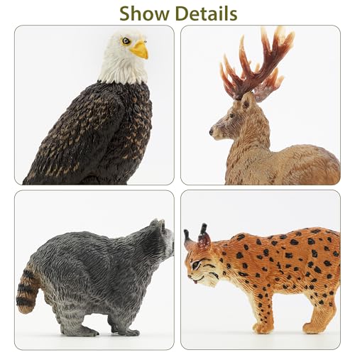 Toymany 12PCS North American Forest Animal Figurines, Realistic Jungle Zoo Animal Set Includes Moose,Cougar,Wolf,Bear,Eagle,Deer Educational Toy Cake Toppers Christmas Birthday Gift for Toddlers - style: North American Animals