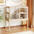 Timechee Guinea Pig Cages for 2, Small Animals Rabbit Cages with a Pull Out Tray, Large Wooden Indoor 2-Story Hamster House, Guinea Pig Hideout Habitat Playpen with Ramp, Platform, Natural