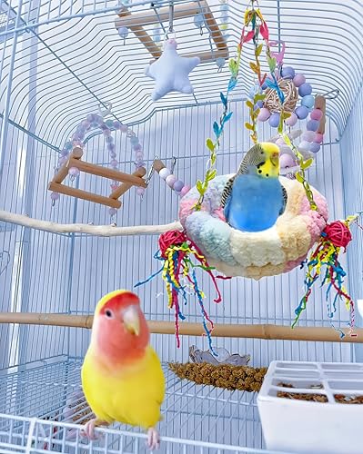Bird Nest for Cage Bird Breeding Bed Cockatiel Snuggle Nest Parakeet Swing Bed Bird Hanging Hammock Parrot Sleeping Hut for Conure, Budgie, Lovebird, Finch, Small Pets-Pink, Large Size - color: Pink with Decoration