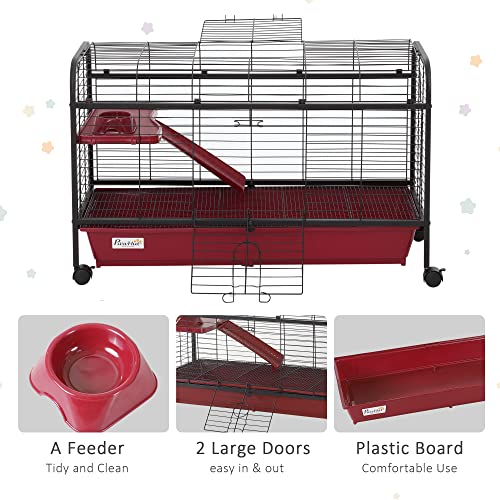 PawHut 41" L Small Animal Cage Rabbit Hutch with Feeder, Rolling Wheels Red | Ferret Pet Play House, Platform, Ramp - size: 41.5"L x 17.3"W x 26.0"H