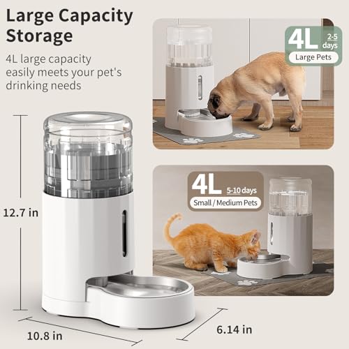 JUNSPOW Cat Water Dispenser with Placemat & Stainless Steel Bowl (4L White) | Automatic Gravity Water Dispenser for Cats or Small Medium Size Dogs, Large Capacity, Easy to Clean - color: White, size: 4L + Mat